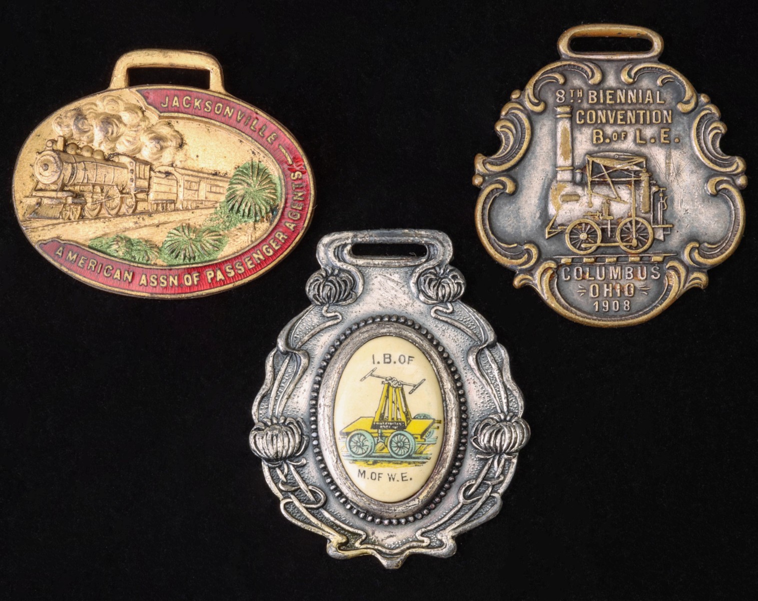 THREE RAILROAD FRATERNAL ORGANIZATION WATCH FOBS