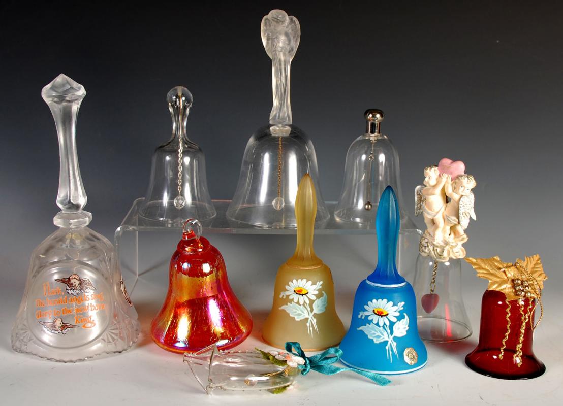 TEN GLASS COLLECTIBLE HAND BELLS