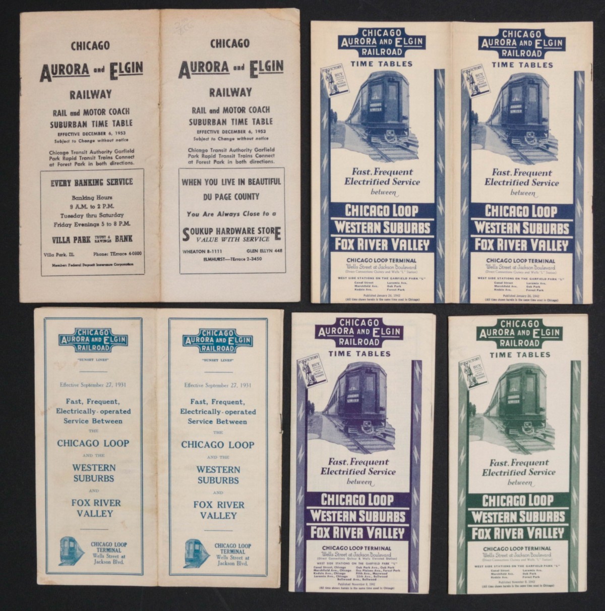 CHICAGO, AURORA AND ELGIN RR TIMETABLES (2) 1931 & 1953