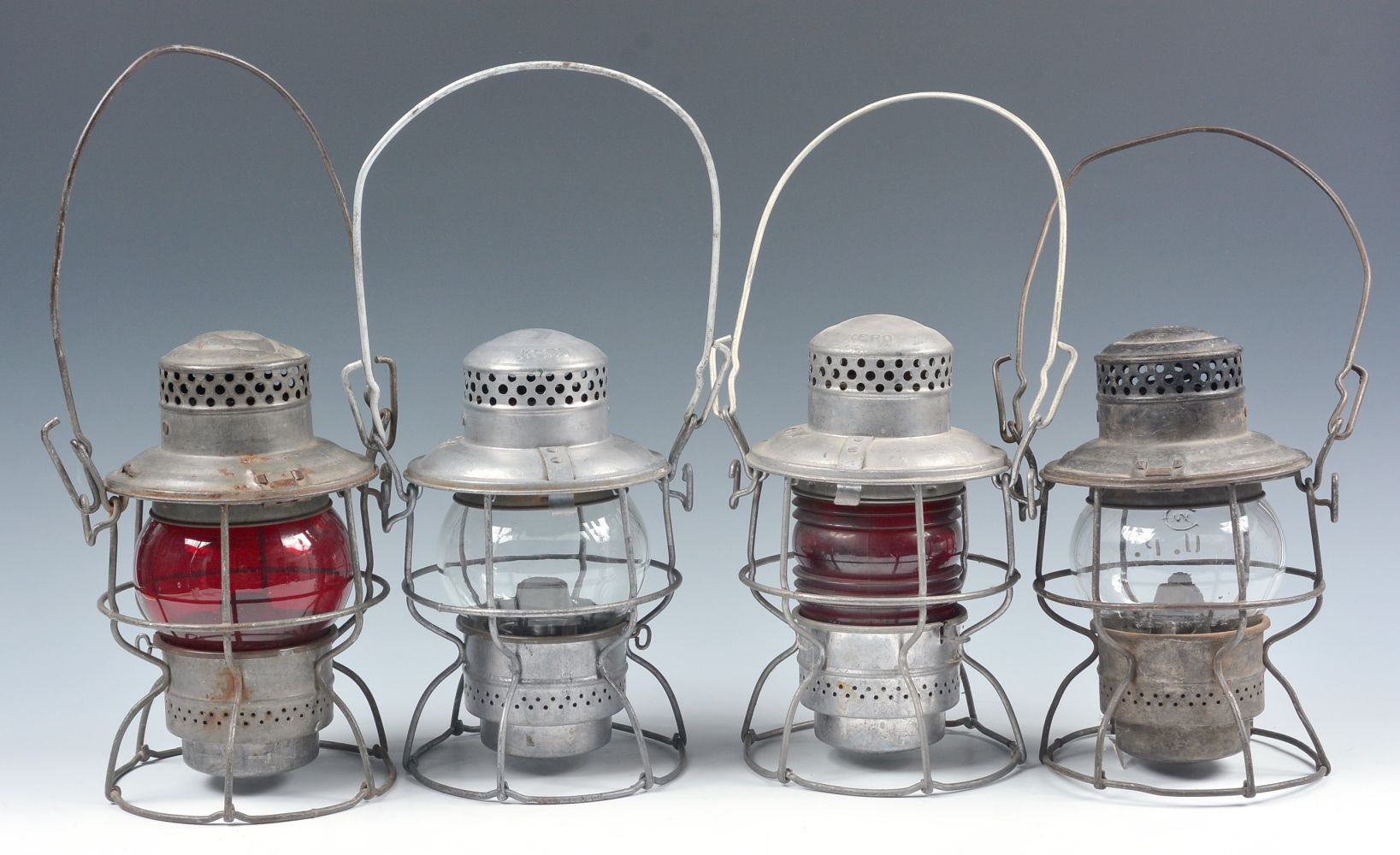 FOUR SHORT GLOBE LANTERNS WITH RAILROAD MARKINGS