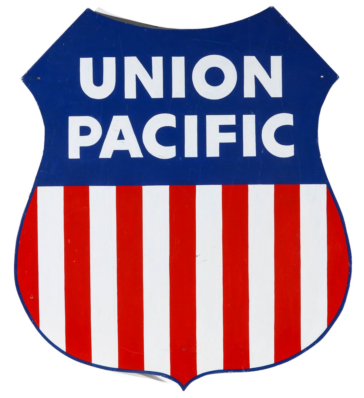 A PAINTED ALUMINUM UNION PACIFIC SHIELD SHAPE SIGN