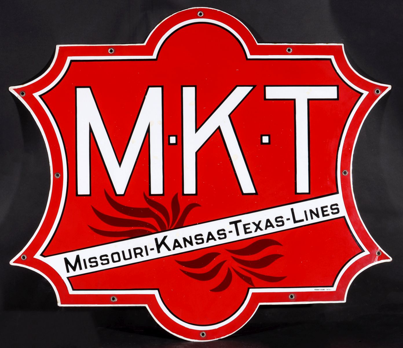 A FOUR-COLOR PORCELAIN ENAMEL SIGN FOR M-K-T RAILROAD