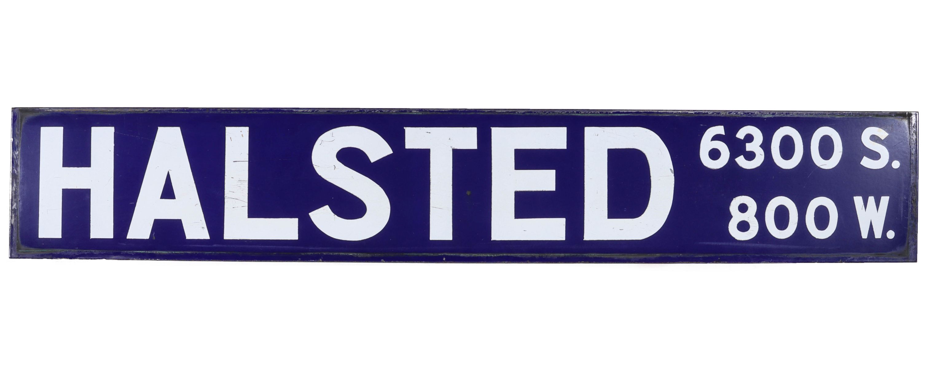 A PORCELAIN ENAMEL SIGN FOR THE CHICAGO STREET HALSTED