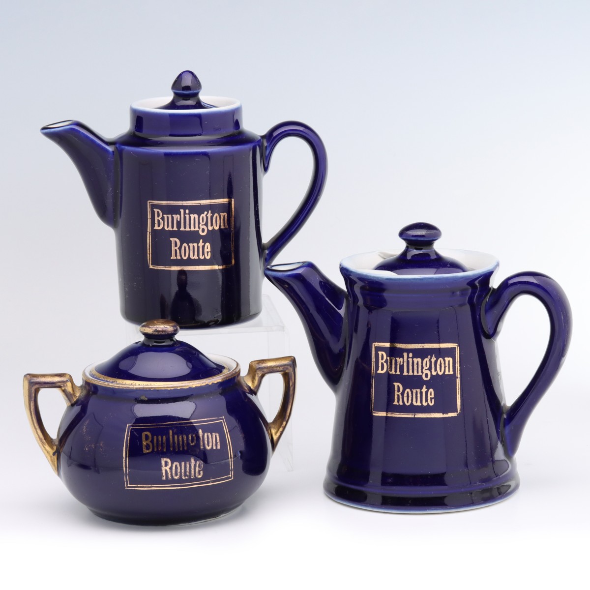 BURLINGTON ROUTE 'COBALT BLUE' TEAPOTS AND SUGAR