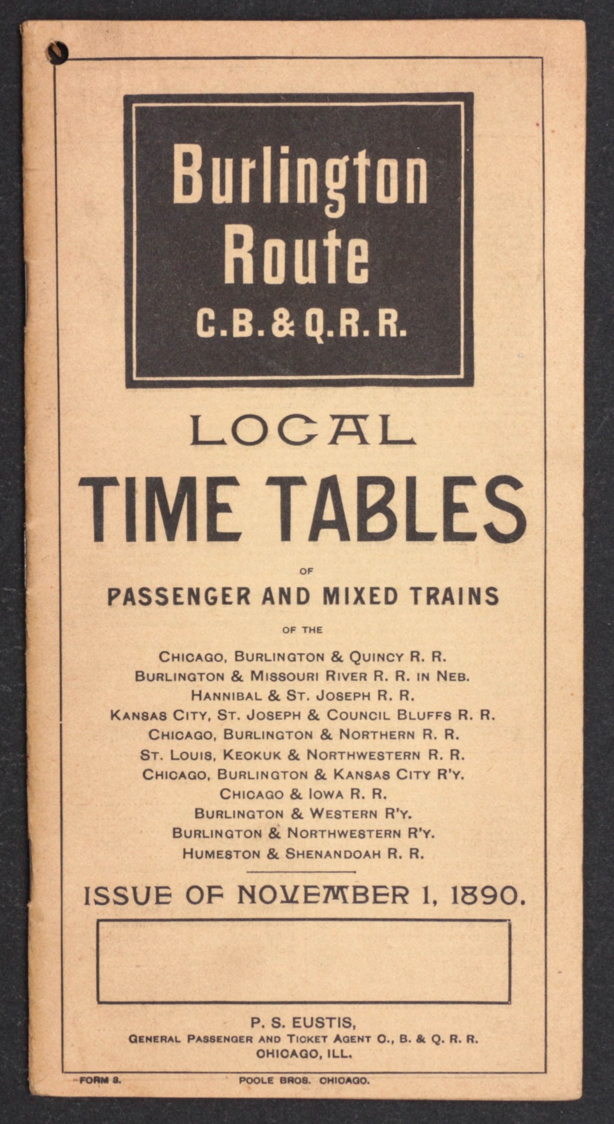 BURLINGTON ROUTE TIMETABLE FOR NOVEMBER 1890