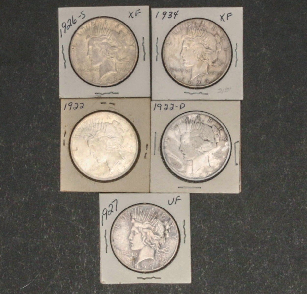 FIVE PEACE DOLLARS