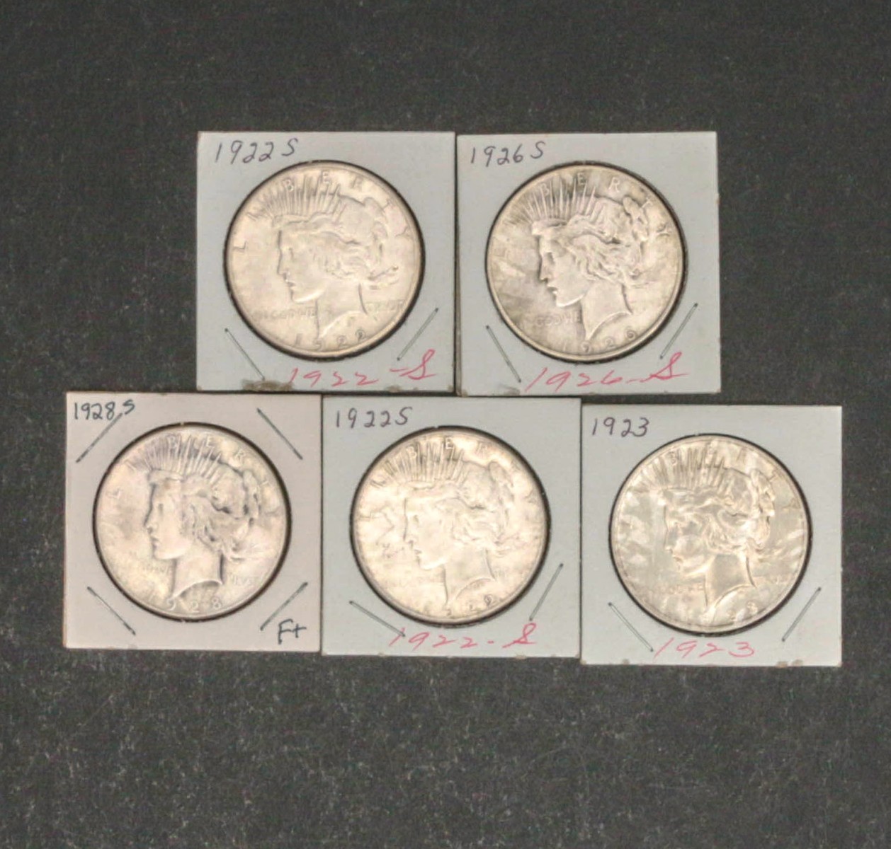 FIVE PEACE DOLLARS