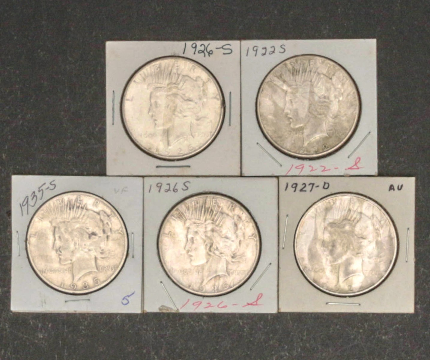 FIVE PEACE DOLLARS