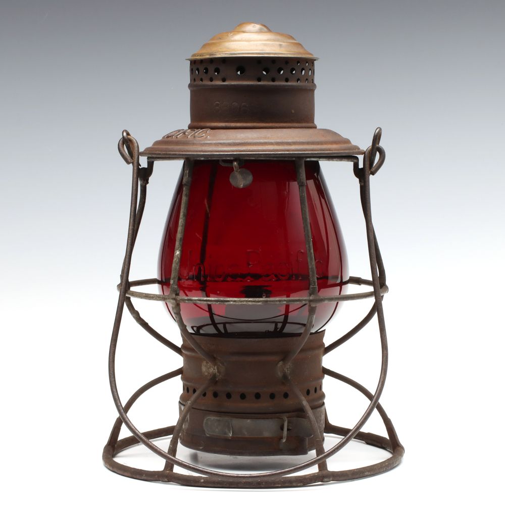 A TALL RAILROAD LANTERN W/RED GLOBE CAST Union Pacific