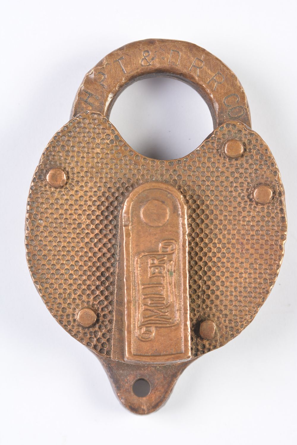 A HEART SHAPE BRASS PADLOCK FOR H.P.T.&D. RAILROAD