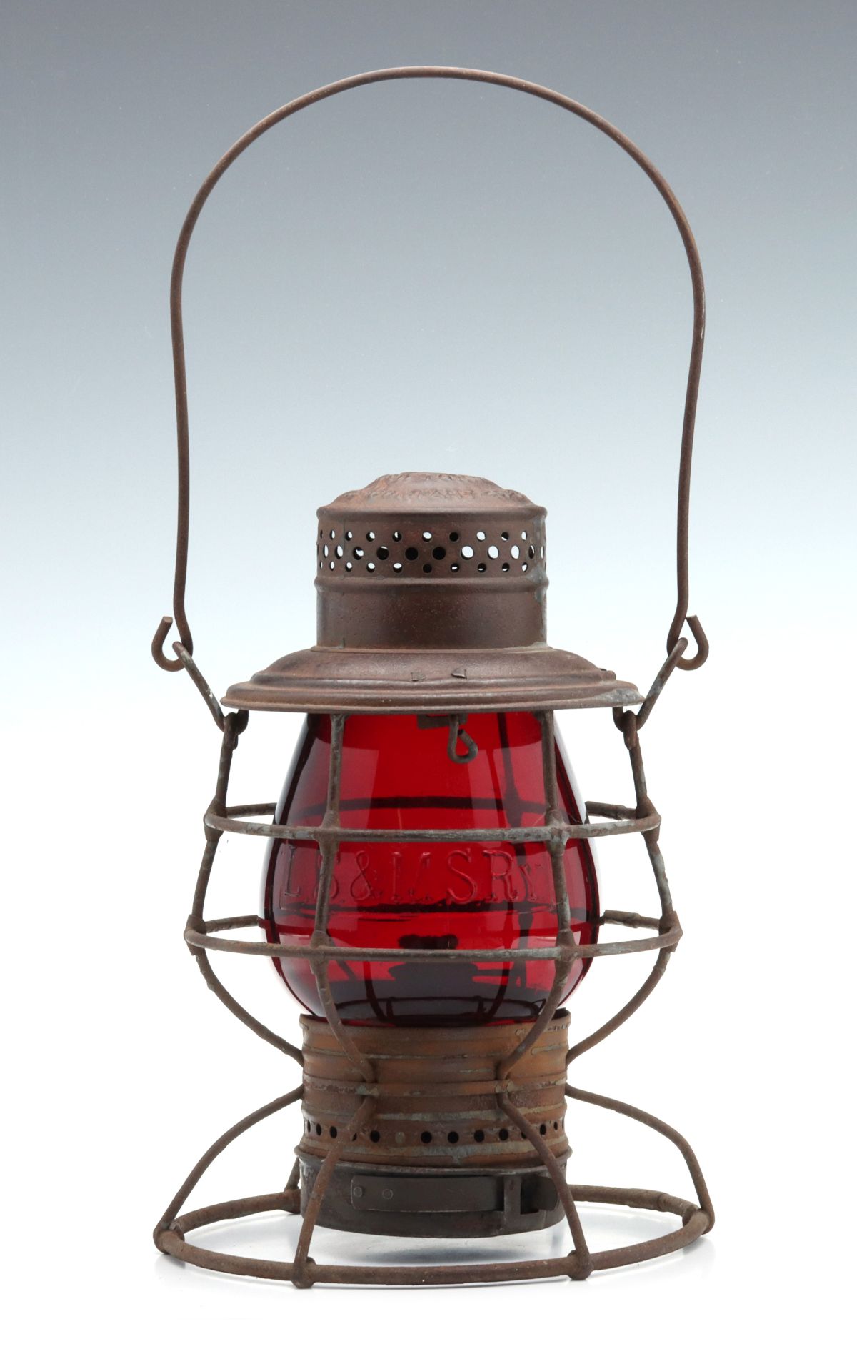 TALL RAILROAD LANTERN WITH RED GLOBE CAST L. S & M S RY