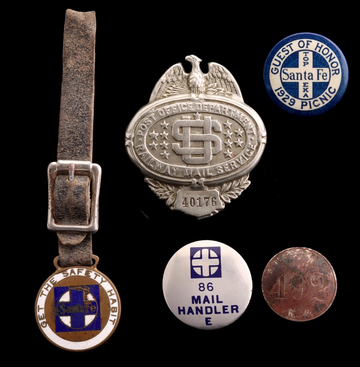 EARLY 20TH C. SANTA FE BADGES, FOB, PIN, RWY MAIL FOB