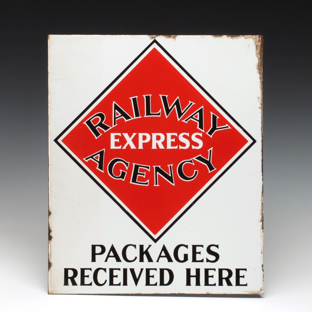 A RAILWAY EXPRESS AGENCY PORCELAIN ENAMEL FLANGE SIGN