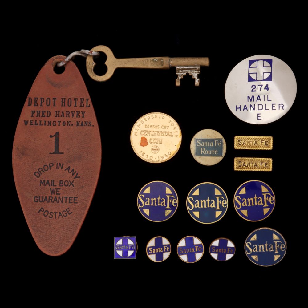 SANTA FE RAILROAD ENAMELED PINS AND FRED HARVEY KEY