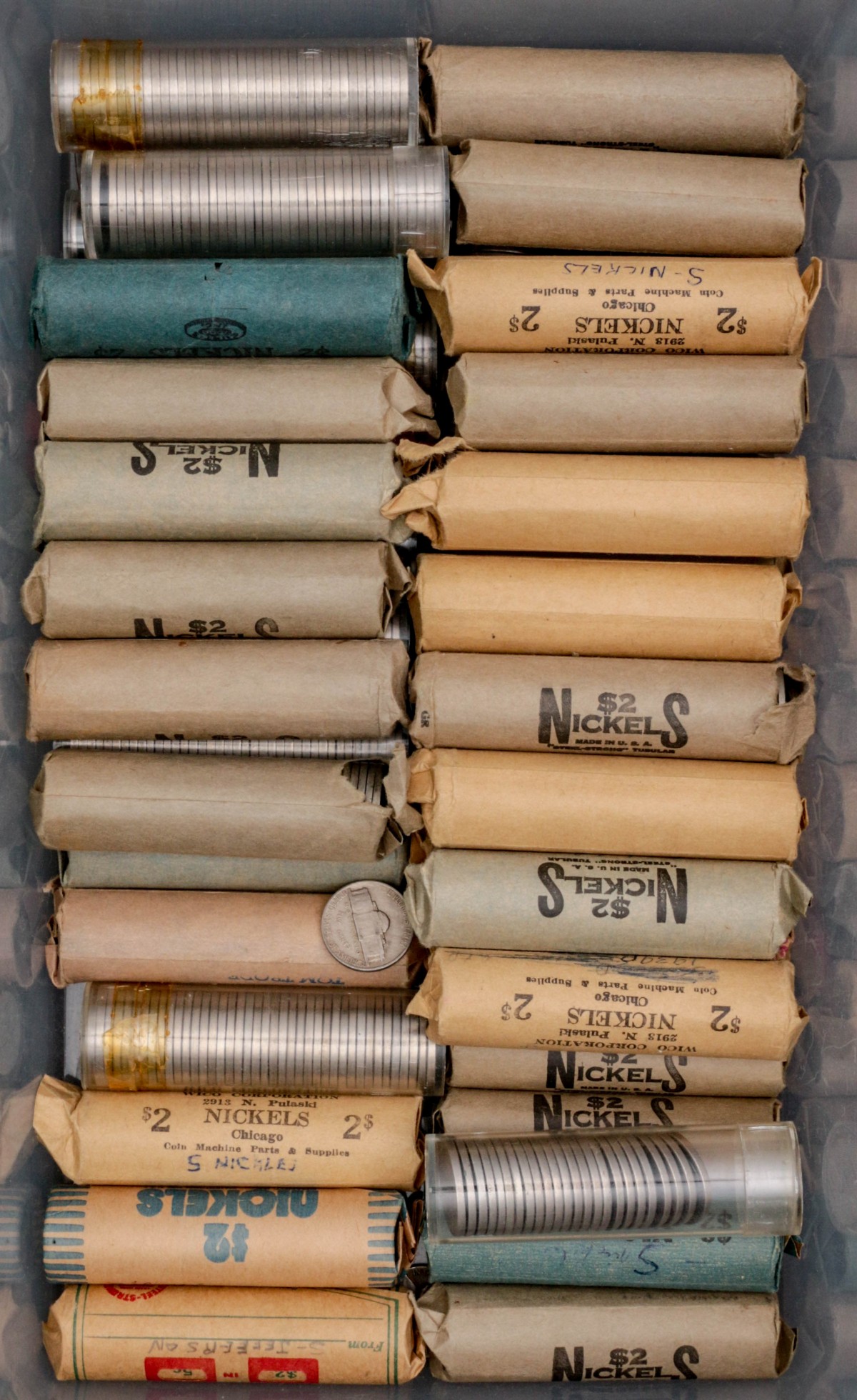 20 POUNDS OF UNSORTED ROLLED U.S. JEFFERSON NICKELS