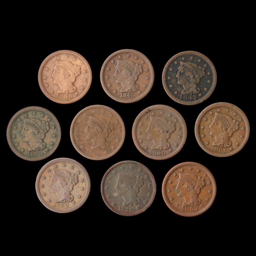 TEN U.S. LARGE CENT COPPER COINS