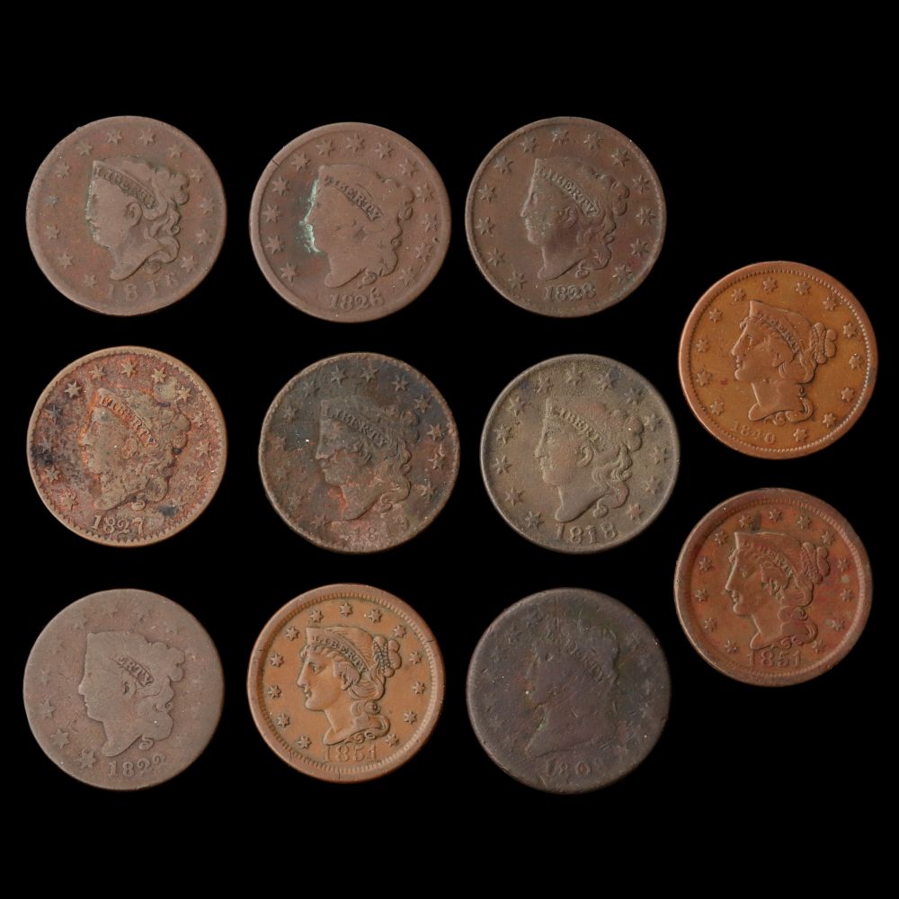 TEN U.S. LARGE CENT COPPER COINS