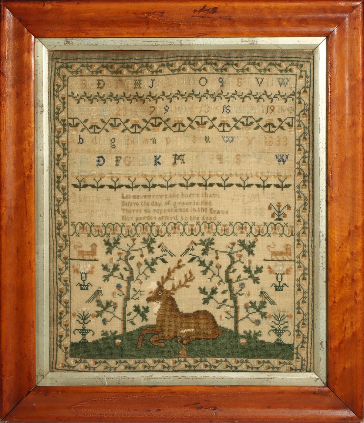 CAROLINE CHAPMAN'S 1833 CROSS STITCH SAMPLER WITH DEER