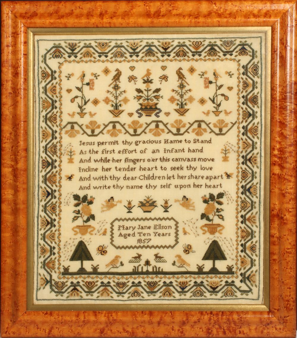 THE 1857 MARY JANE ELLSON AGE 10 CROSS STITCH SAMPLER