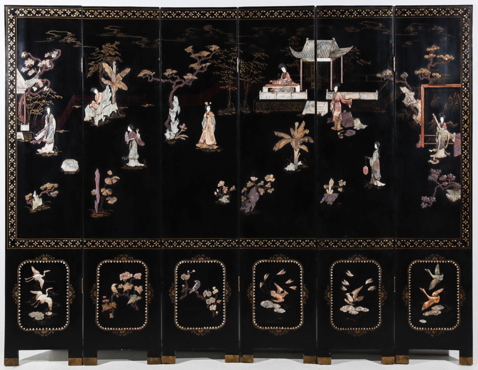 ELABORATE SIX PANEL CHINESE HARDSTONE LACQUER SCREEN