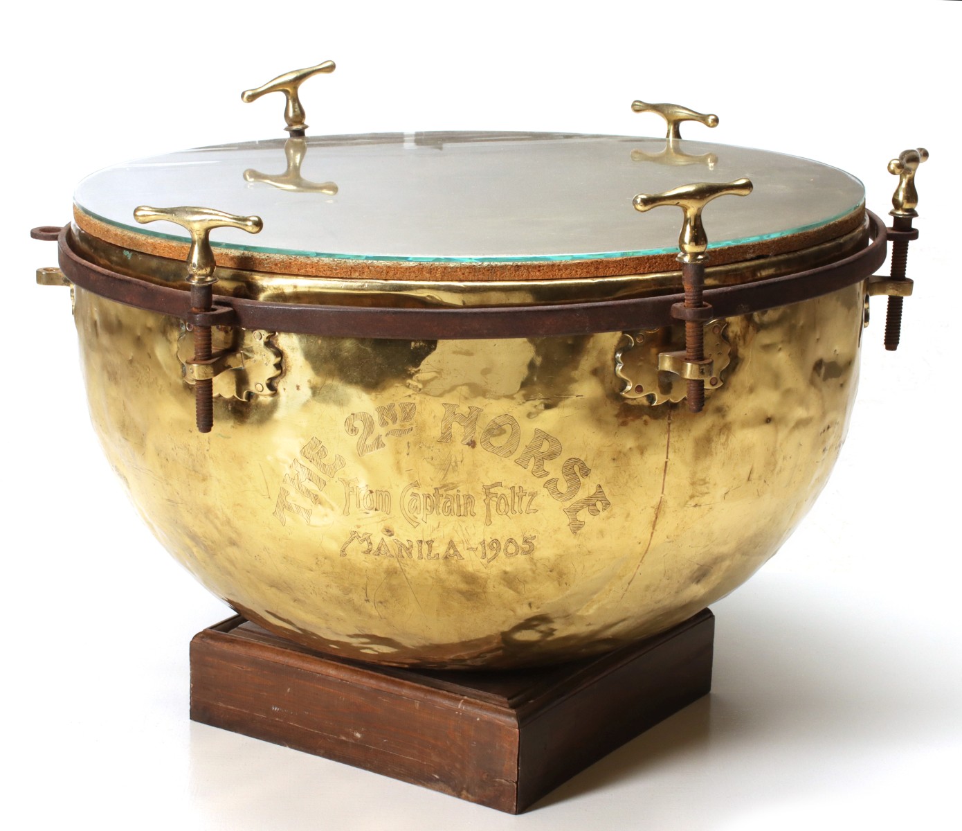 A FRENCH BRASS DRUM INSCRIBED CAPT FOLTZ MANILA 1905