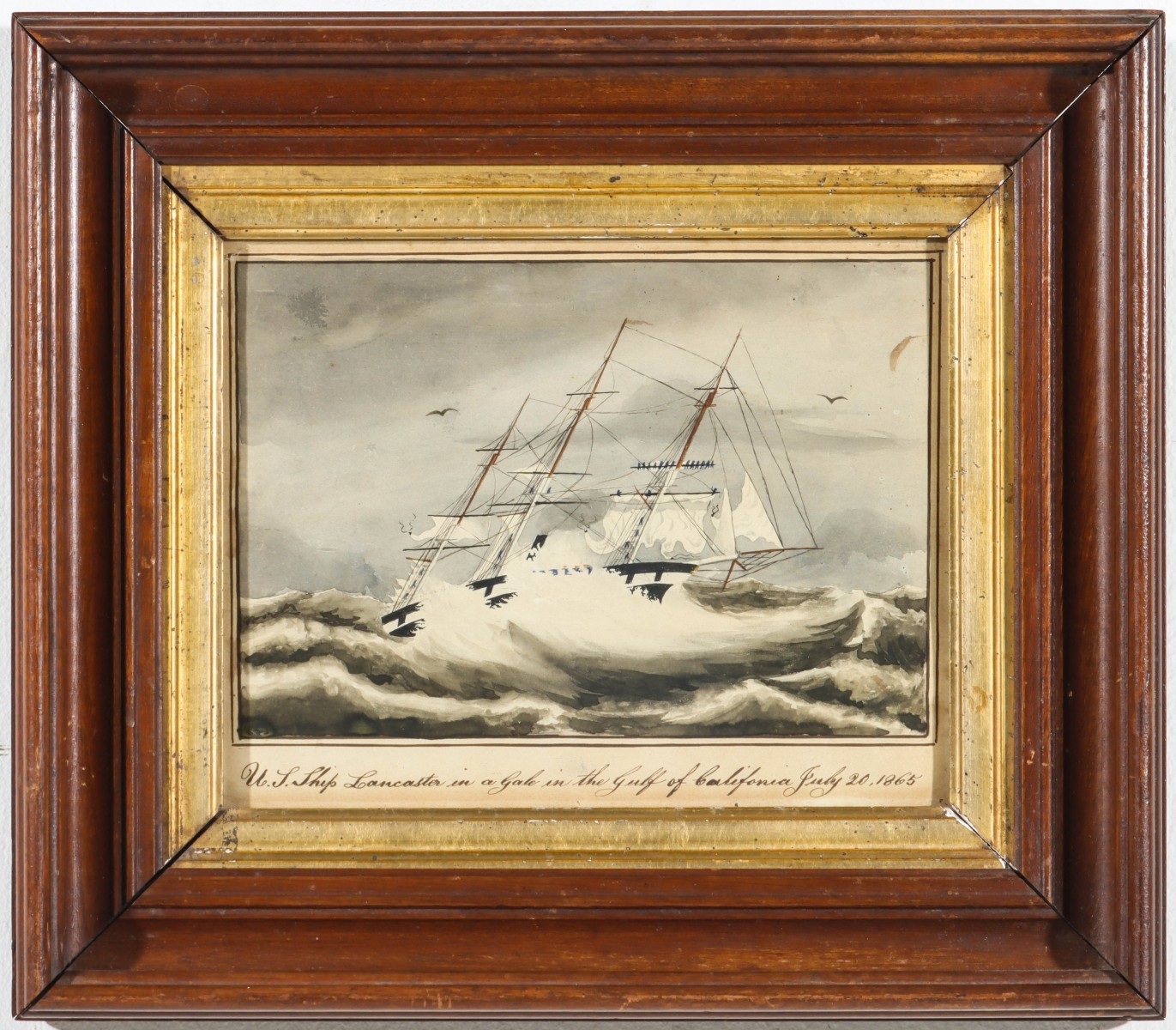 A FOLK ART WATERCOLOR OF USS LANCASTER IN A GALE 1865