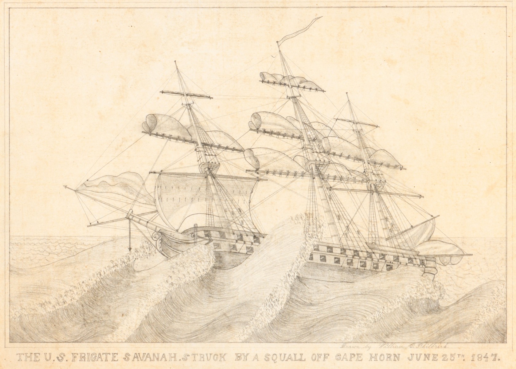 A 19TH C. FOLK ART DRAWING OF THE FRIGATE SAVANNAH 1847