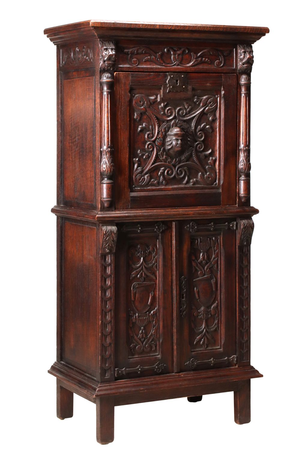 A 19TH CENTURY CARVED AND FUMED OAK COURT CABINET