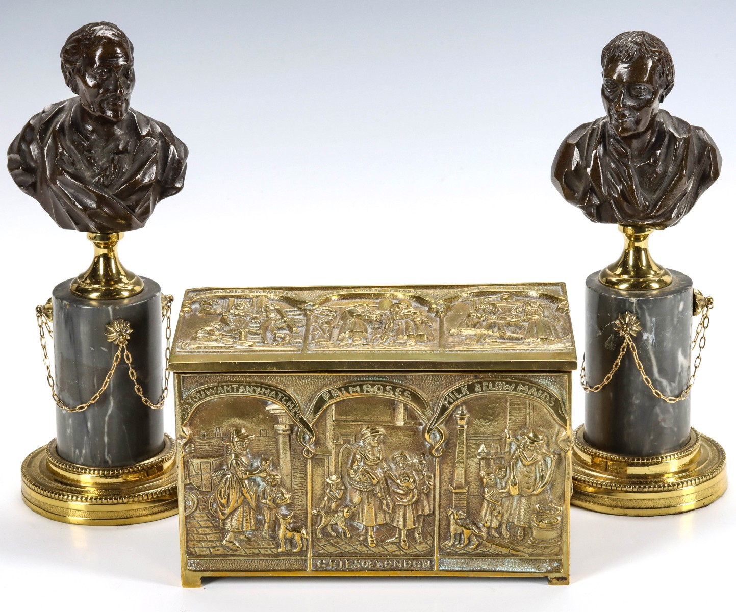 A BRASS 'CRIES OF LONDON' CASKET PLUS CABINET BUST PAIR