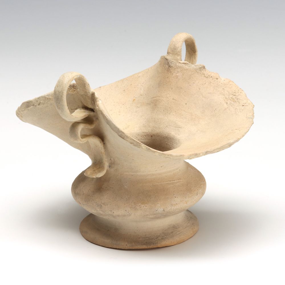 A GEORGE OHR HIGH HANDLED BISQUE VASE WITH FLARING RIM
