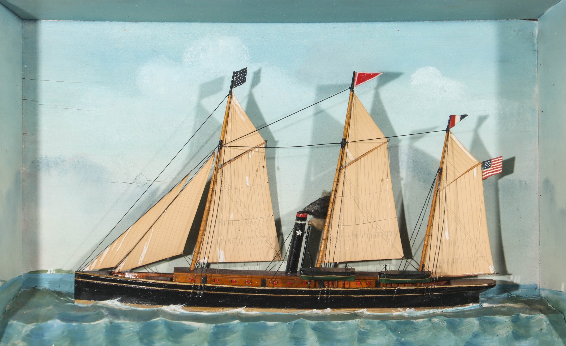 UNUSUAL SHIP DIORAMA WITH TRANSITIONAL SAIL/STEAM SHIP