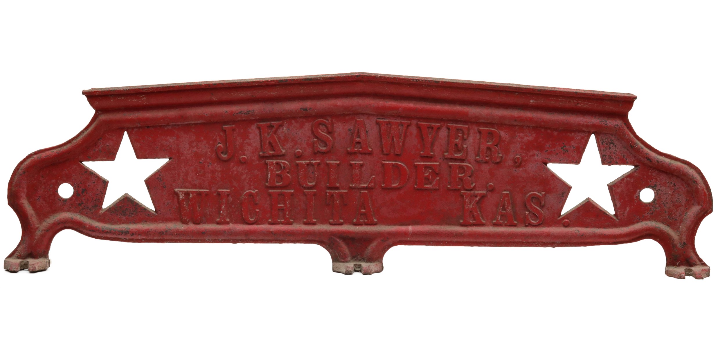 A LARGE IRON J. K. SAWYER BUILDER PLATE, WICHITA KANSAS