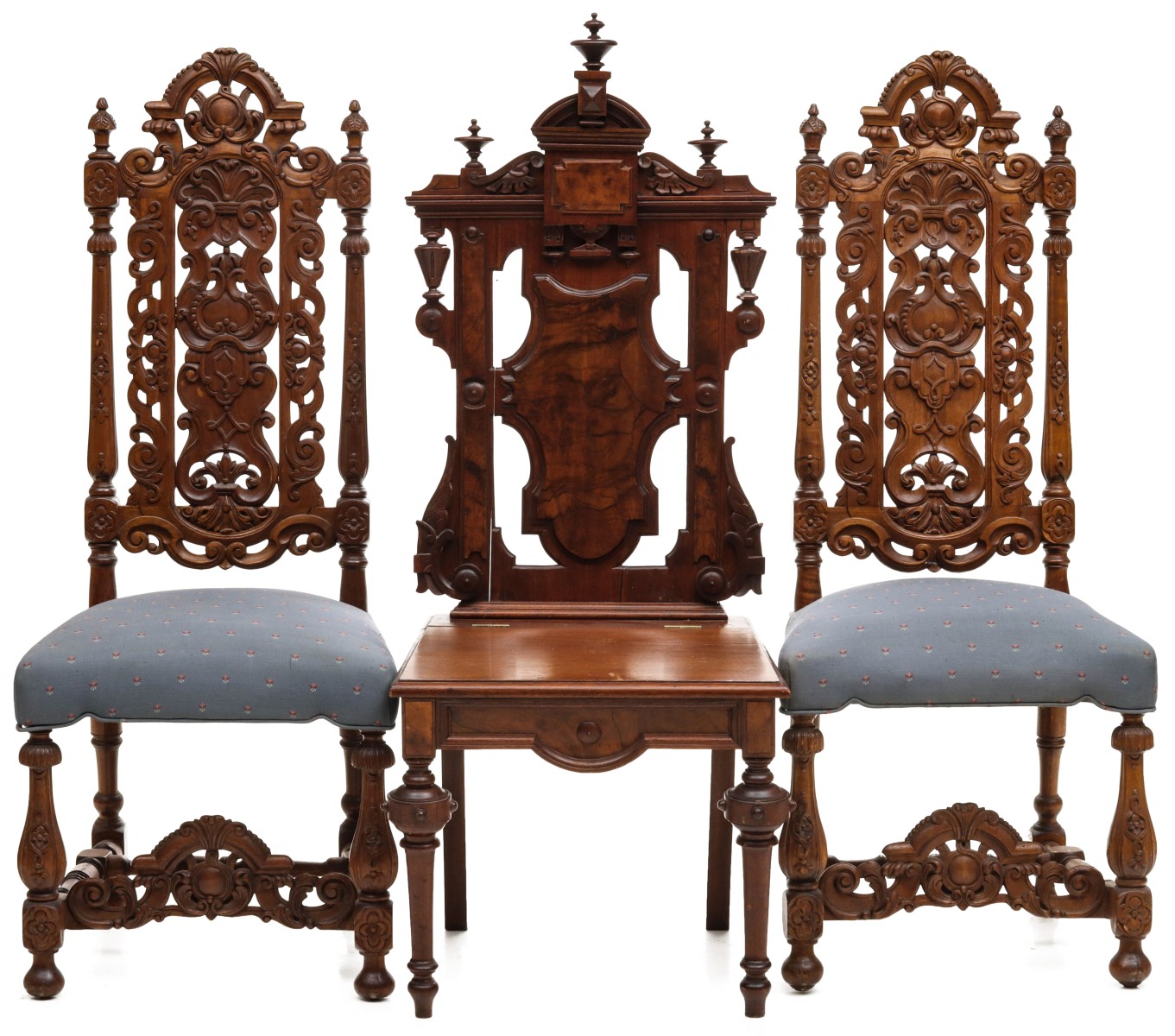 THREE HEAVILY CARVED 19TH CENTURY WALNUT CHAIRS