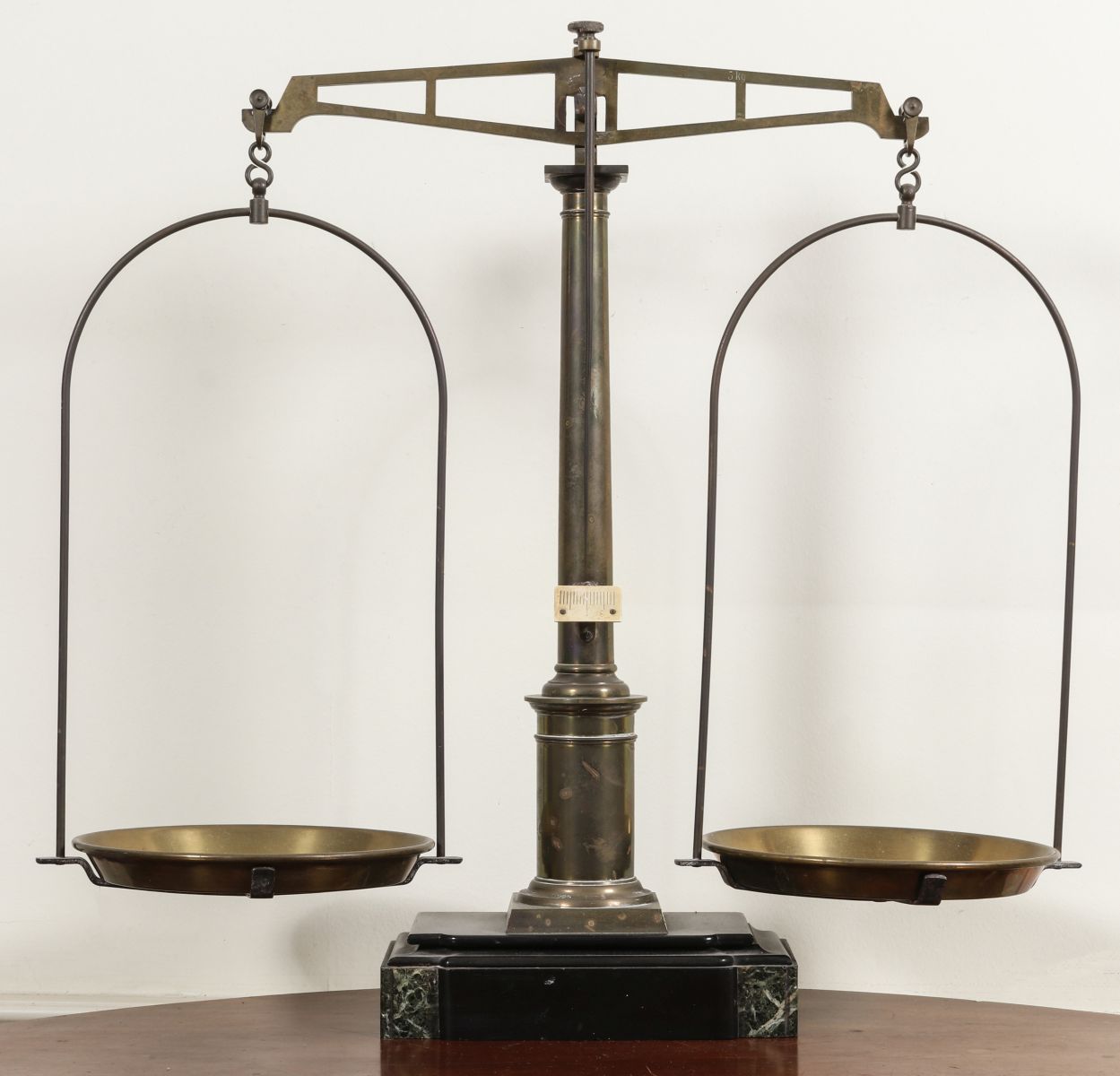 A 19TH CENTURY BRASS BALANCE SCALE ON SLATE BASE