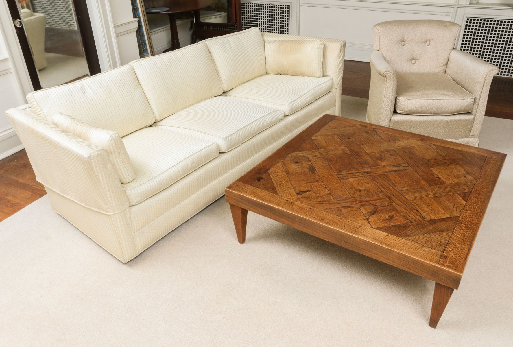 LATE 20TH C. SOFA, CHAIR AND PARQUET COFFEE TABLE