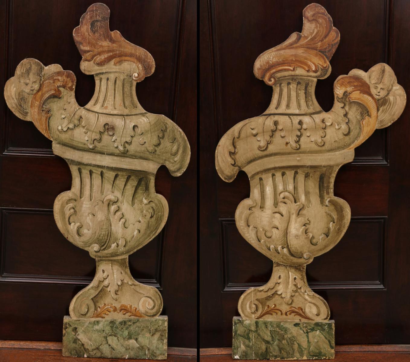 LARGE 19TH C. PAINTED WOOD URN WALL PLAQUES