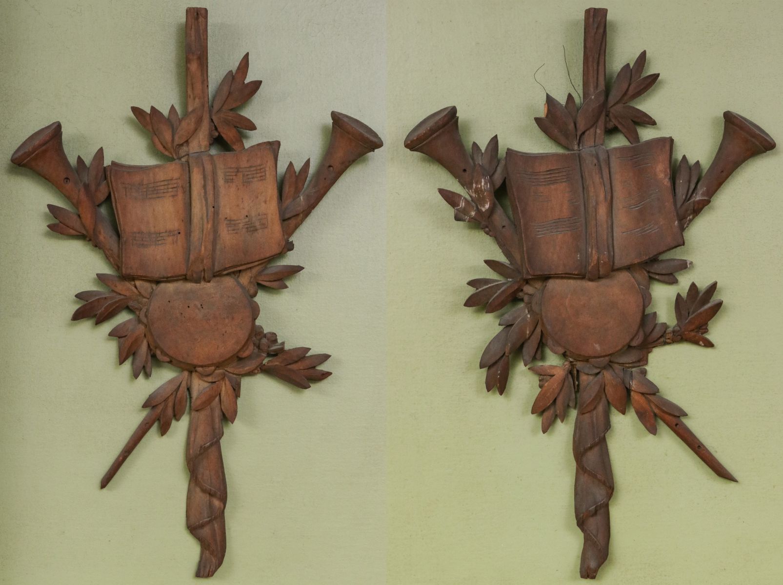 A PAIR 18TH C. FRENCH MUSICAL TROPHY APPLIQUES