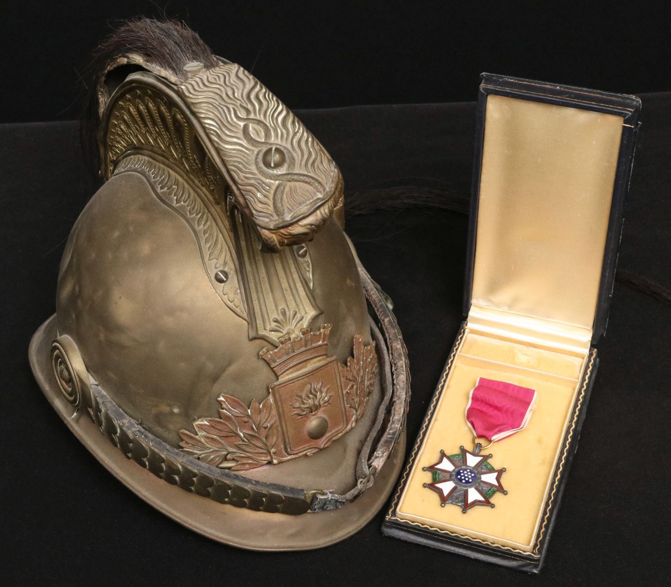 FRENCH HELMET AND AMERICAN LEGION OF MERIT IN BOX