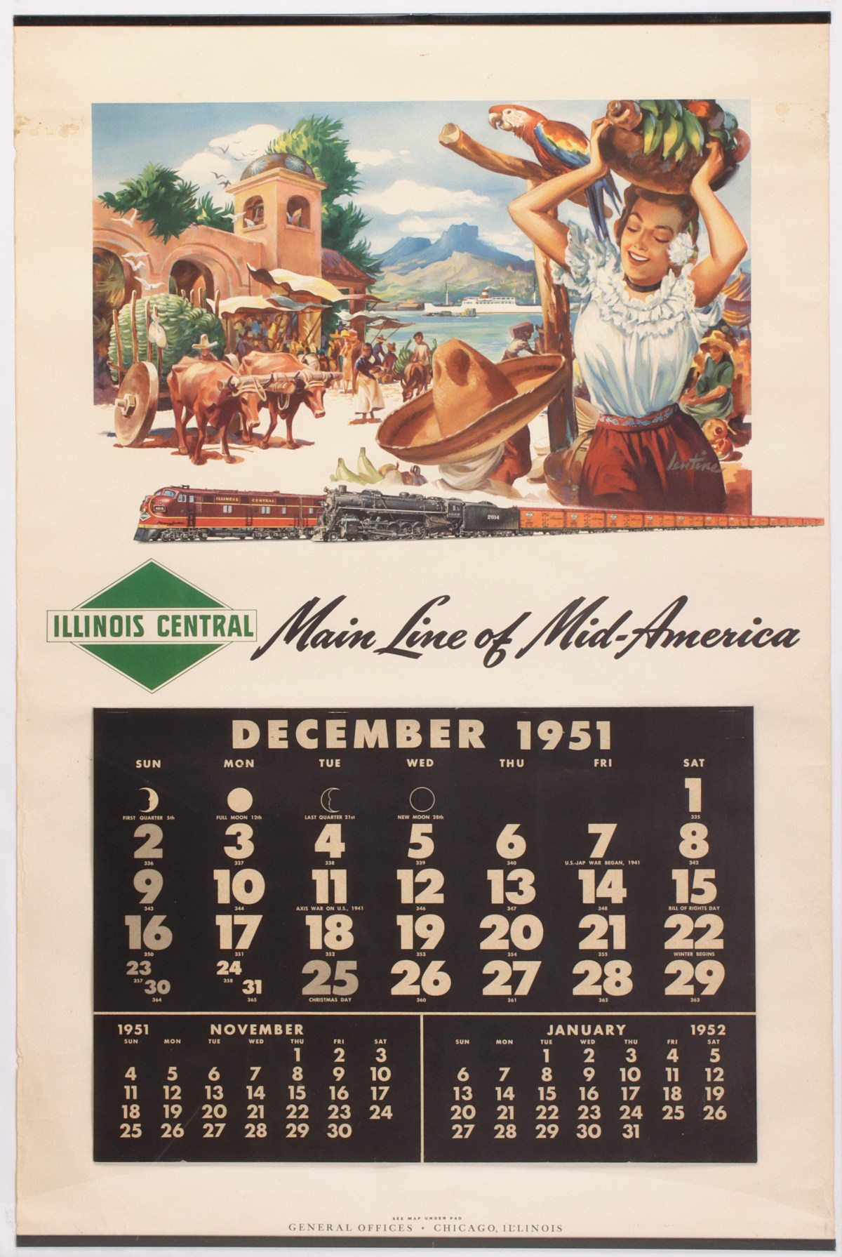 AN ILLINOIS CENTRAL RAILROAD 1951 ADVERTISING CALENDAR