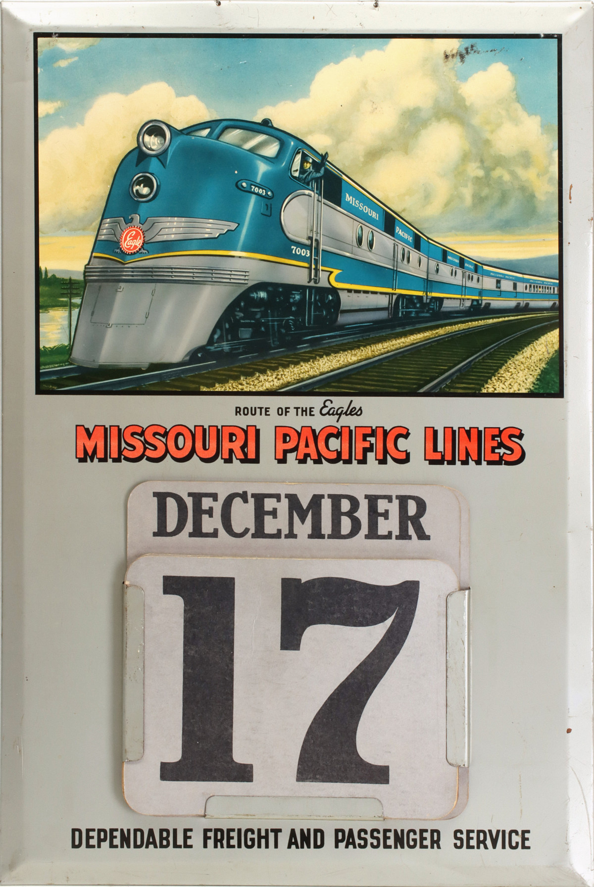 A MISSOURI PACIFIC CALENDAR AND KC T RY PORCELAIN SIGN