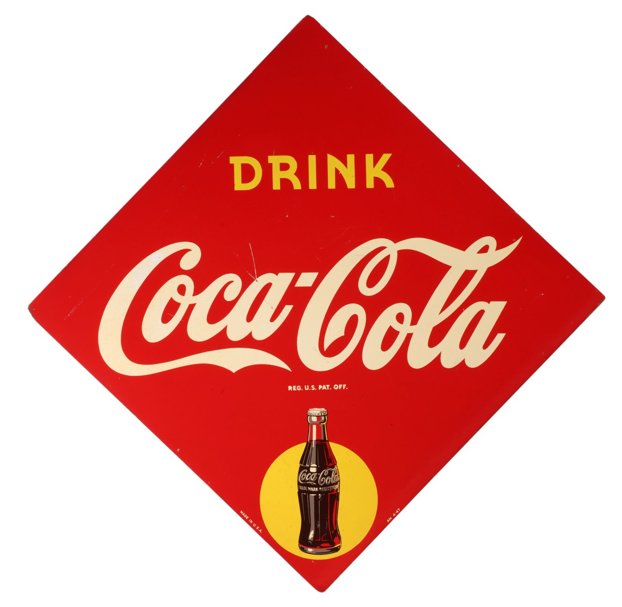 A 1946 DIAMOND SHAPE PAINTED MASONITE COCA-COLA SIGN