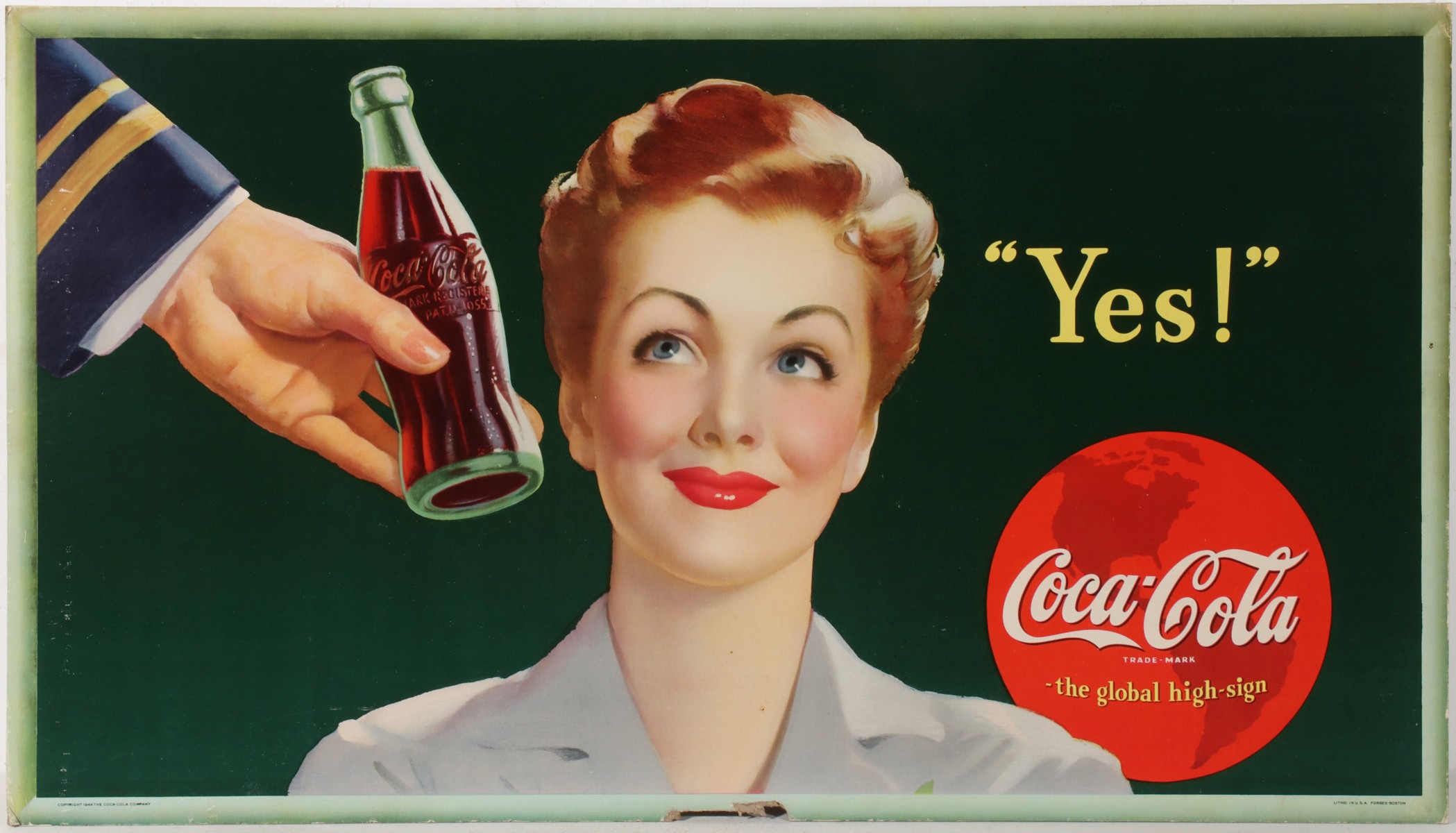 A 1944 COCA-COLA CARDBOARD SIGN 20 X 36 INCHES