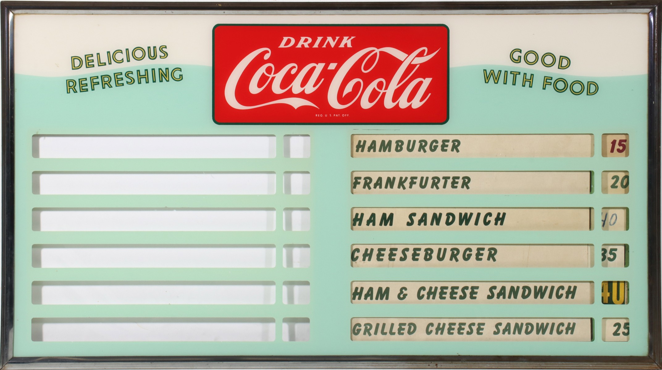 A 1960s COCA-COLA REVERSE ON GLASS MENU BOARD