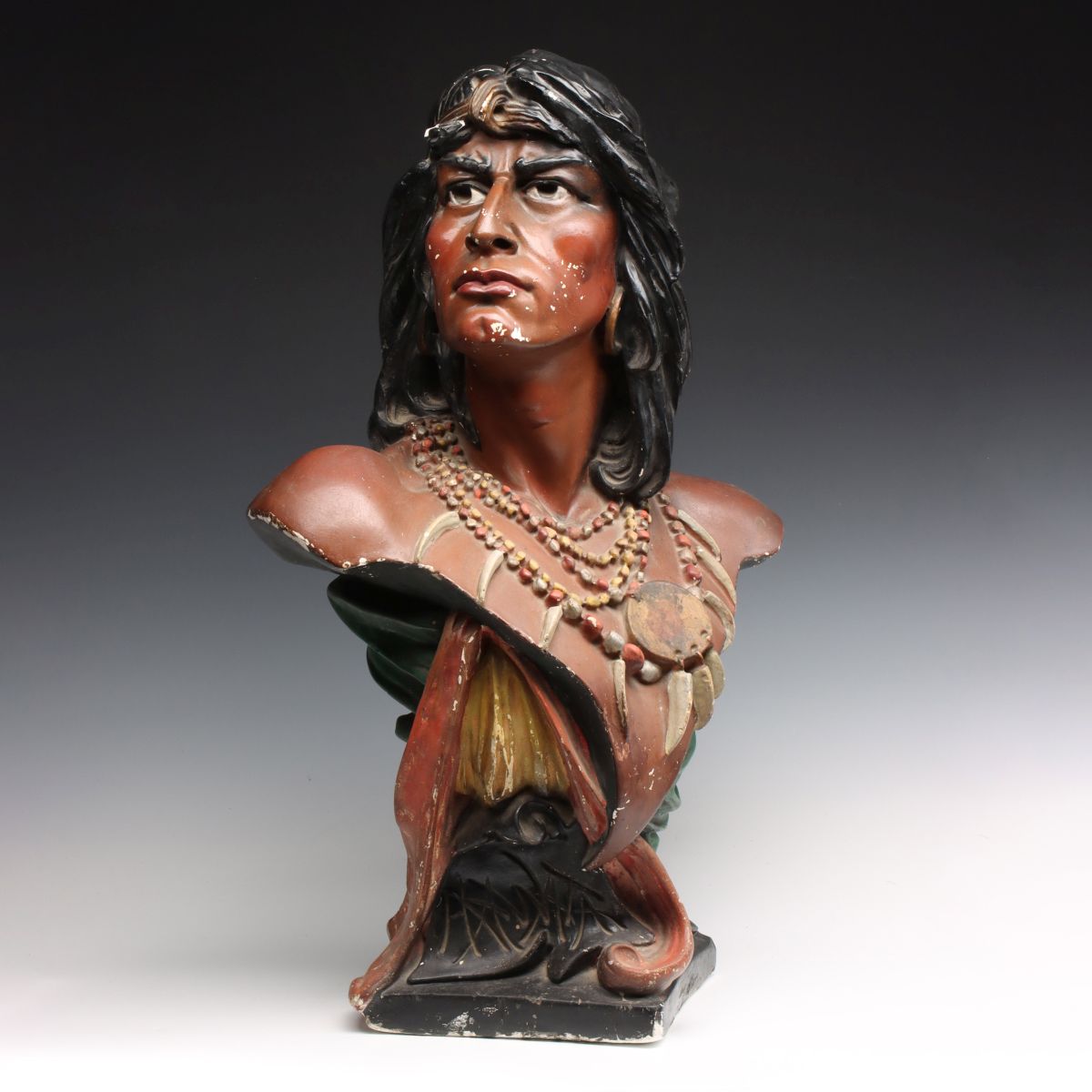 EARLY 20C. POLYCHROME PLASTER CIGAR STORE INDIAN BUST