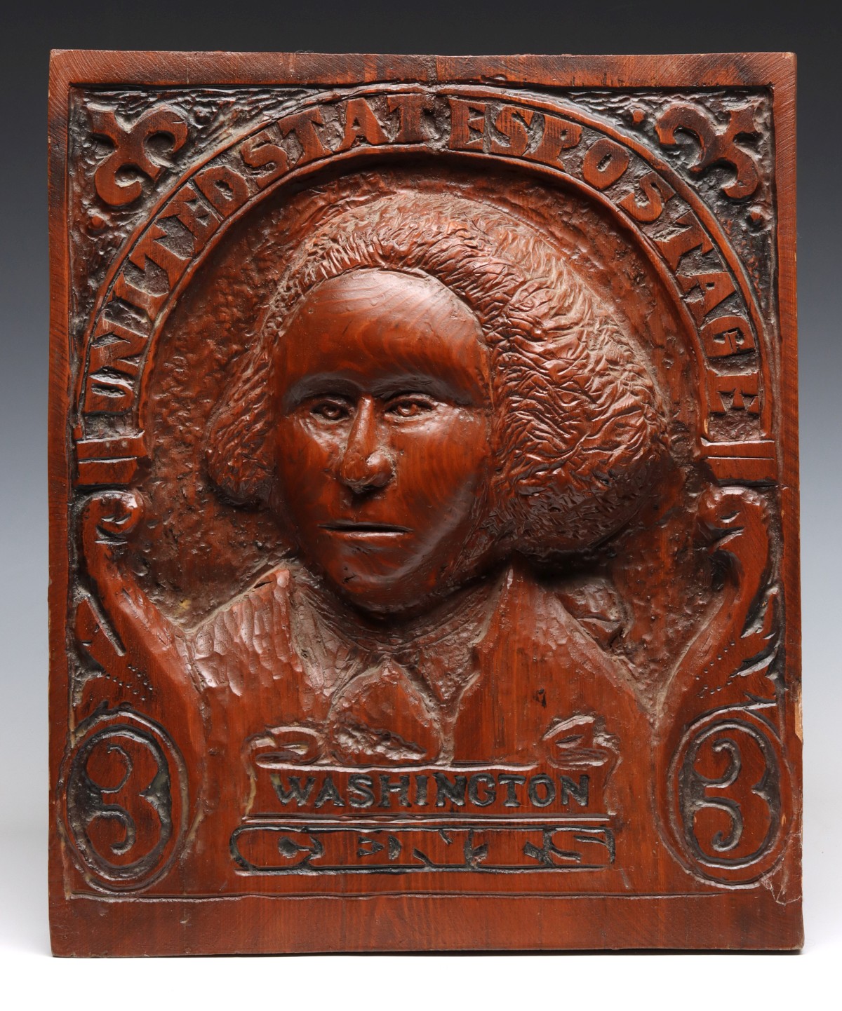 A LARGE WASHINGTON 3c STAMP CARVED FOLK ART PLAQUE