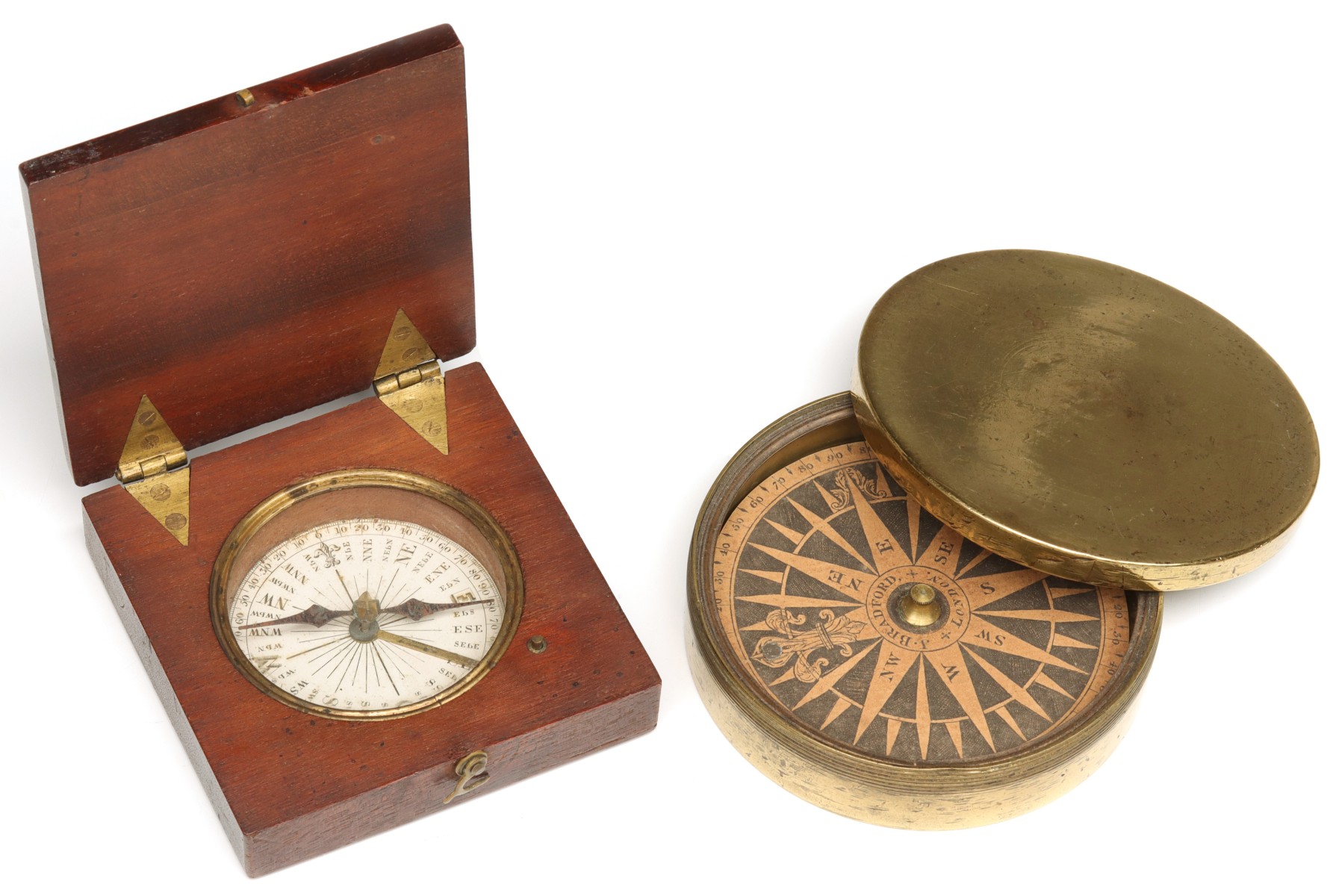 19TH C MAHOGANY AND ENGLISH BRASS POCKET COMPASSES