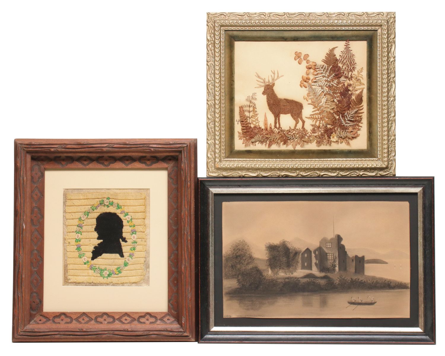 FOLK ART DEPICTIONs OF ROSS CASTLE, NEEDLEWORK, ETC