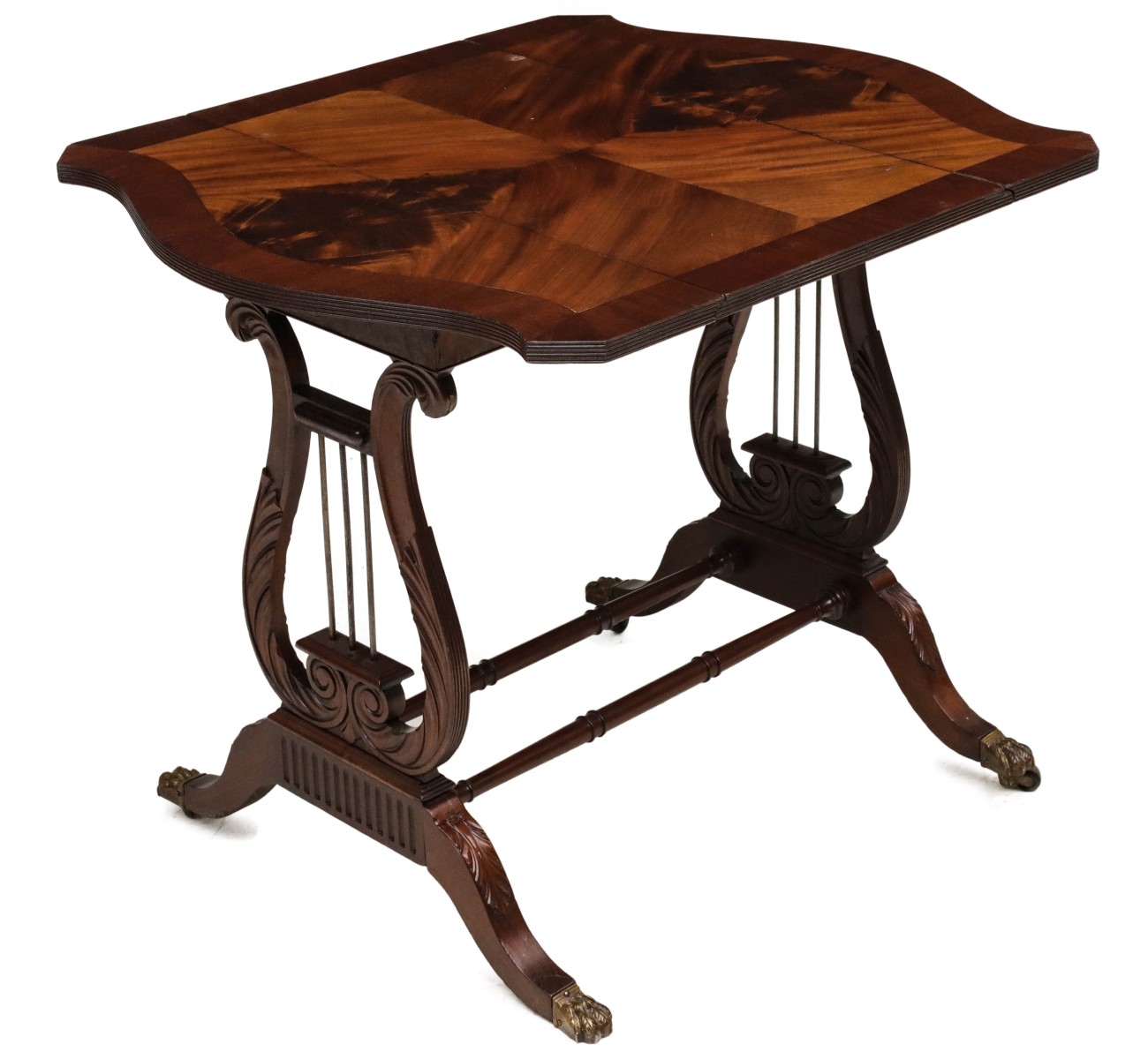 AN EARLY 20TH C. REGENCY DROP LEAF LYRE END TABLE