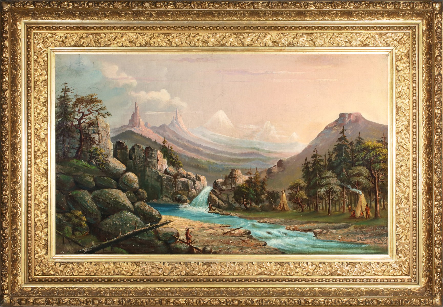 FOLK ART ROMANTIC LANDSCAPE WITH NATIVE AMERICANS