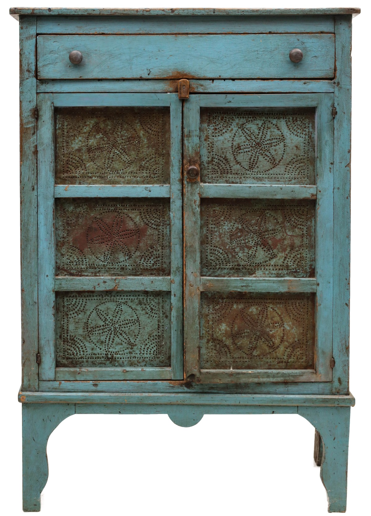 A 19C. POPLAR PIE SAFE WITH SIX HEX SIGN PUNCHED TINS